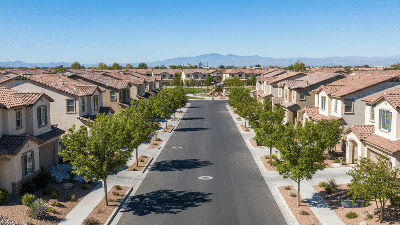 Henderson Nevada Green Valley neighborhood aerial with mountains and desert landscape