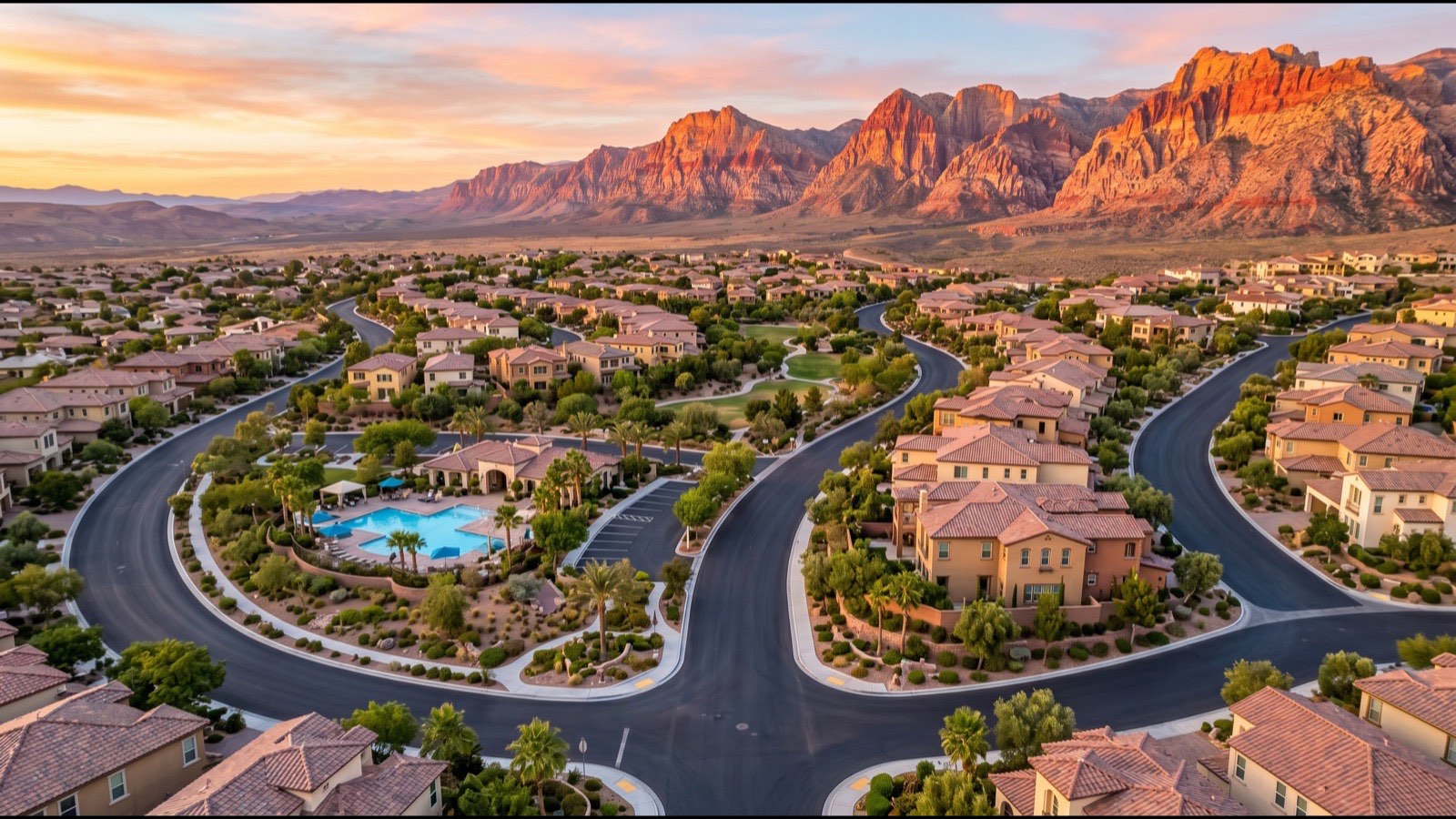 Downtown Summerlin retail village with desert-landscaped streetscape and Red Rock Canyon in the background