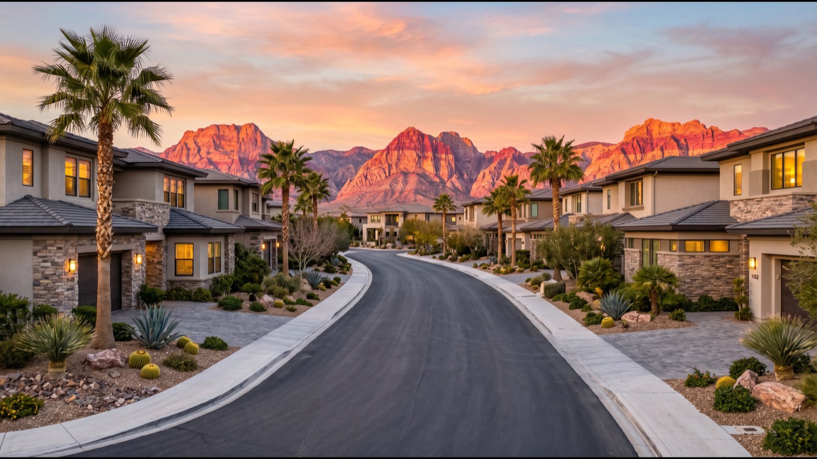 Downtown Summerlin condo skyline at golden hour with the Constellation, Pinnacle, and One Summerlin visible against the Red Rock Canyon backdrop
