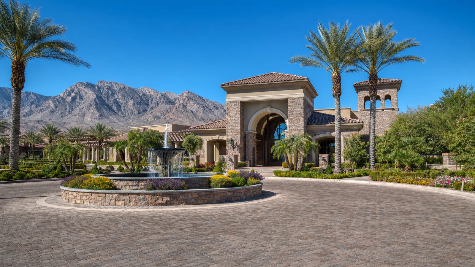 Sun City Summerlin recreation center clubhouse exterior with Mediterranean architecture and resort-style landscaping