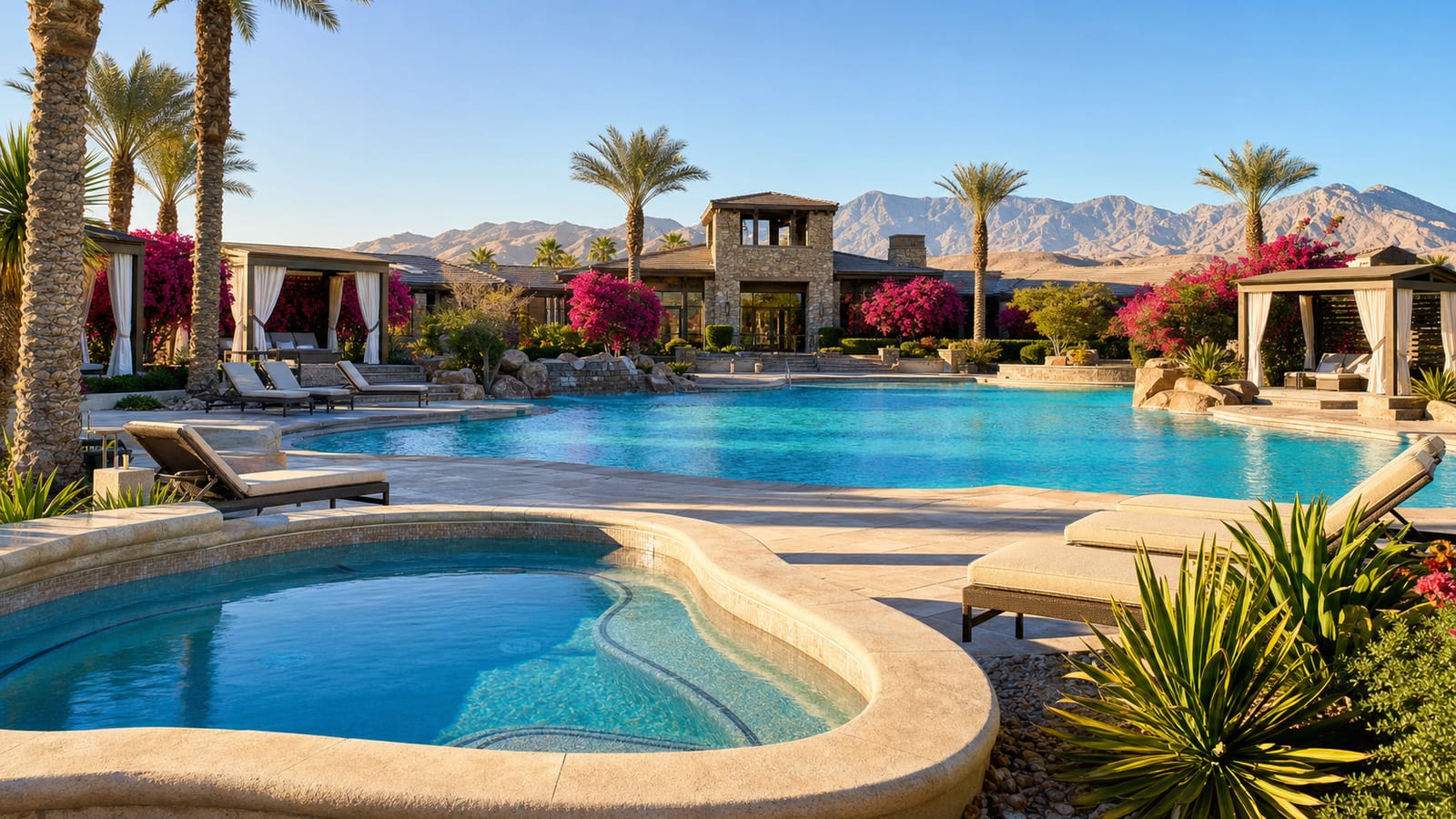 Sun City Summerlin resort-style outdoor swimming pool with poolside lounge chairs and resident amenity area